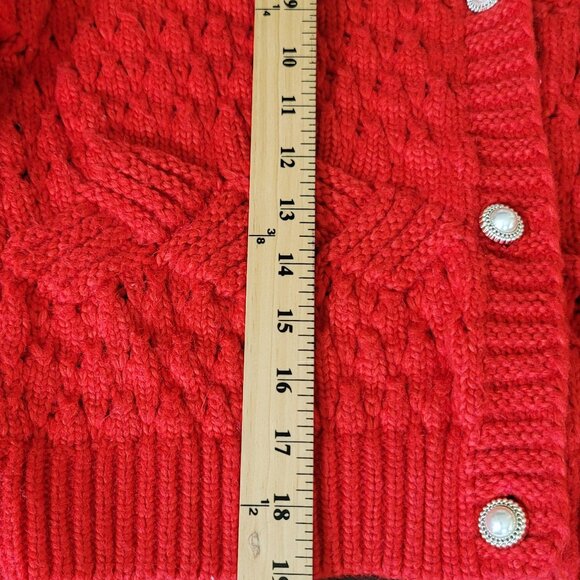 Hazel Moon Red Open Knit Pearl Button Up Sweater V-Neck Long Sleeve Women's Sz M - Picture 7 of 13